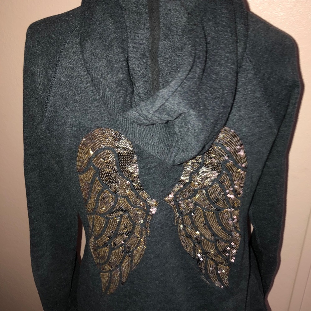 Victoria Secret charcoal grey hoodie with gold sequin bling angel wings - Picture 7 of 11